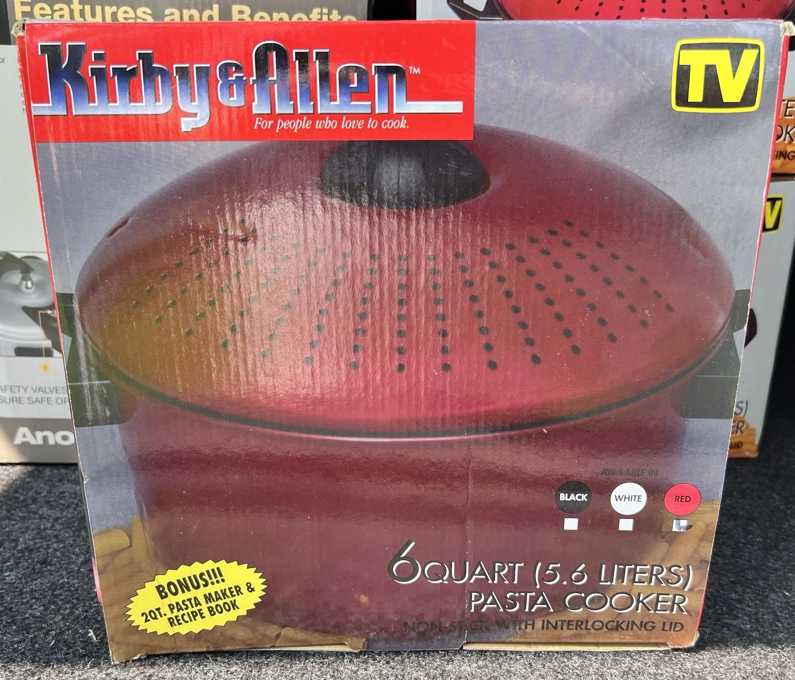 NIB Kirby & Allen 6 Quart & 2-qt PASTA COOKERS, Red Pots w/Metal Strainer Lids
