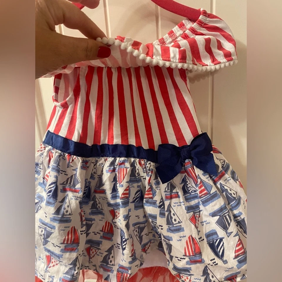 Little Lass Baby Girls 12M Nautical Sailboat Dress Red White Blue Pom Trim - Image 4 of 4