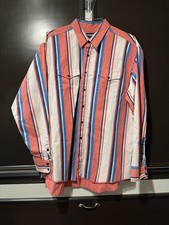 VTG Wrangler Brushpopper X Long Tails Shirt 18.5x36 Pink Blue Stripe Western USA