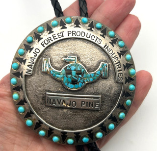 VTG Navajo Pine Forest Product By Robin Wood Sterling Silver Turquoise Bolo Tie