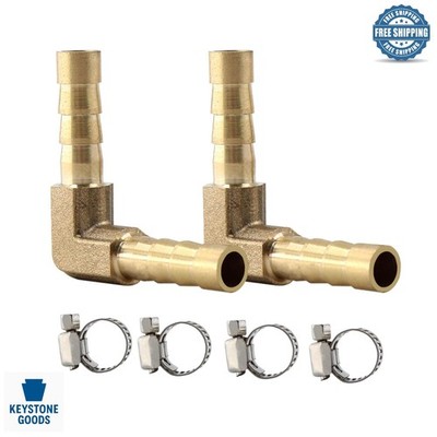 2Pcs Brass 1/4Inch 90° Hose Barb Elbow Fittings + Clamps for Fuel, Air, Water