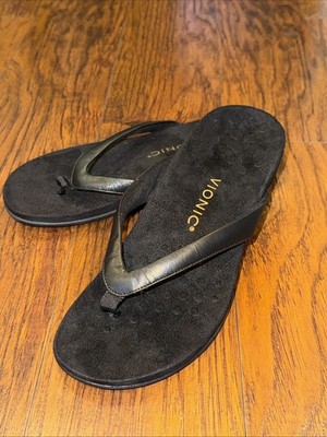VIONIC Women's Dillon Toe Post Sandal - Black Leather Size 8.5