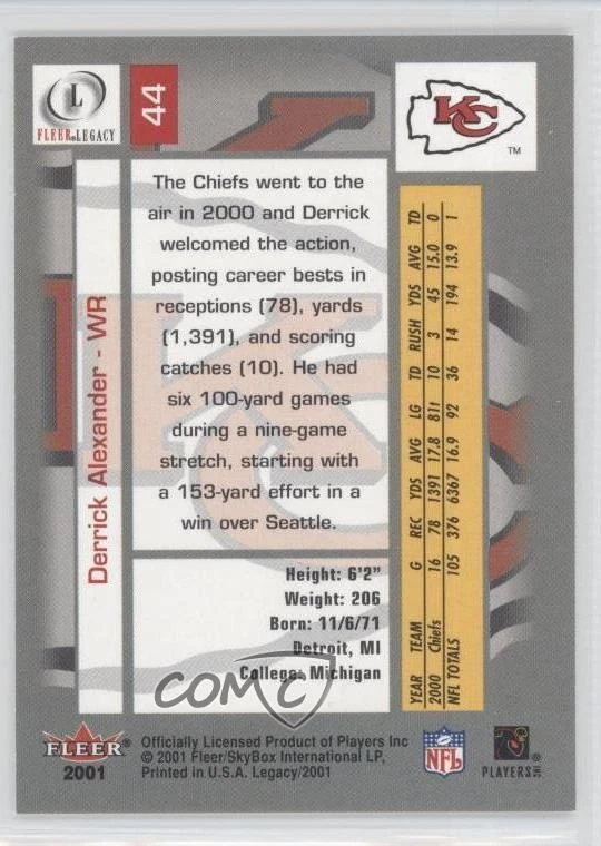 2001 Fleer Legacy Derrick Alexander #44 - Image 2 of 2