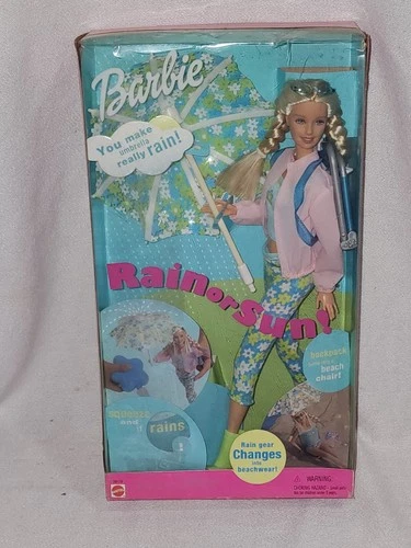 VTG 2000 Rain or Sun Barbie Doll W/Beach Accessories Umbrella Chair #29179 NEW