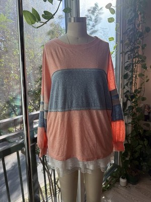 BIBI Women s Colorblock Long Sleeve Slouchy Tee, Size S (Peach/Blue)