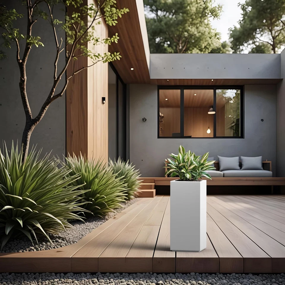 19.7 Inch Tall Rectangular Planter, Indoor & Outdoor Concrete Plant Pot with Dra - Image 3 of 4