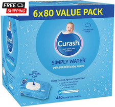 Curash Simply Water Baby Wipes, 6X80 Pack, Thick and Soft Texture, 99% Water wit