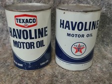 Texaco Havoline Motor Oil Can Lot of 2 1 U.S. Quart Metal 6-77 White Blue Red