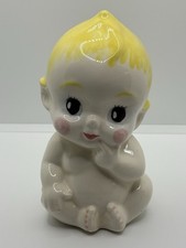 Vintage Lefton Ceramic Kewpie Baby Figurine Yellow Hair Rosy Cheeks Kitsch Japan