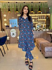 Indian Pakistani Bollywood Blue Floral Printed Kurta Pant Set Cotton Ethnic Wear