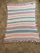 Beautiful Vintage Hand-Made Crocheted Baby Blanket/Throw 42  x 31  Striped Pastel