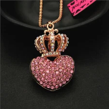 New Fashion Lady Pink Crystal AB Crown Love Heart Pendant Chain Women Necklace
