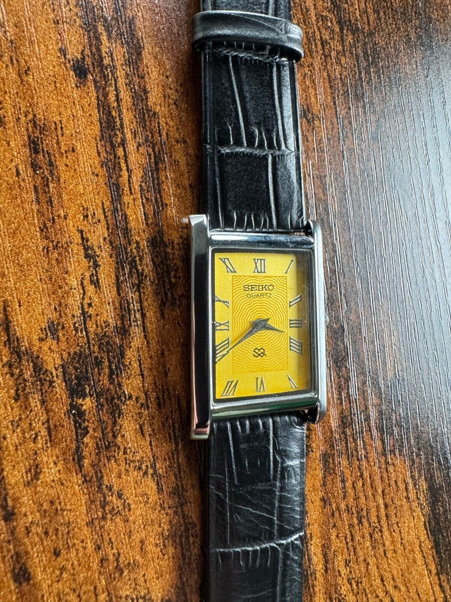 vintage Seiko Slim Tank Quartz Men Yellow Dial Black leather Dress