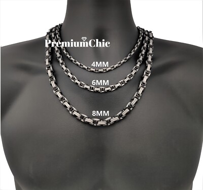 Mens Byzantine Box Necklace Solid Stainless Steel Chain Silver/Black/Gold Plated
