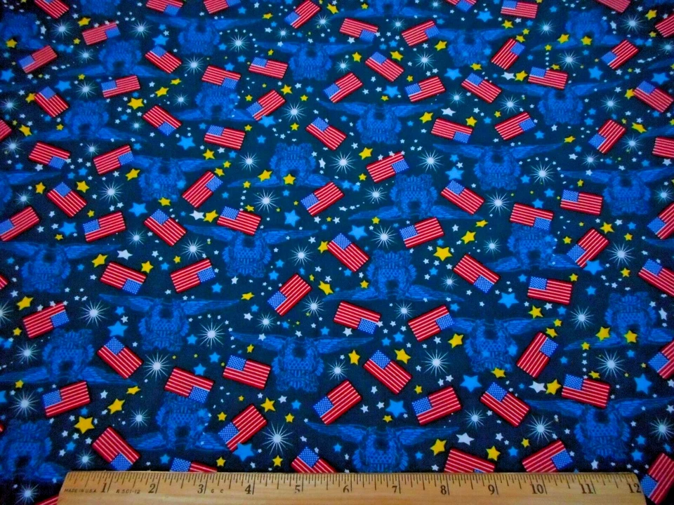 Tela patriótica por yarda VENTA banderas estrellas alas de águila en algodón azul marino #C Foto 2 de 2