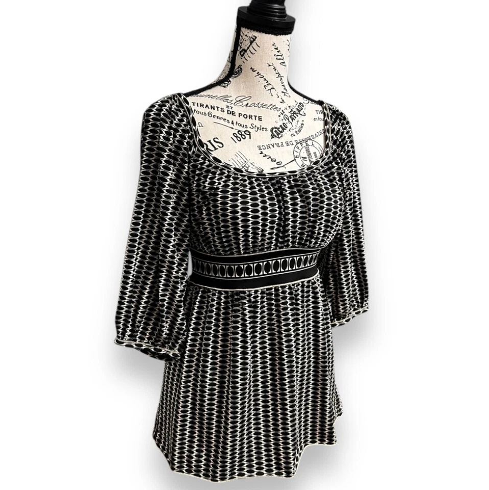 Top túnica Max Studio negro crema estampado geográfico cintura imperio boho retro Y2K para mujer S Foto 2 de 4