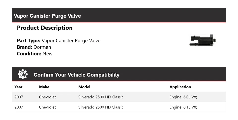 Válvula de purga de bote de vapor Dorman Classic 2007 Chevrolet Silverado 2500 HD Foto 2 de 4
