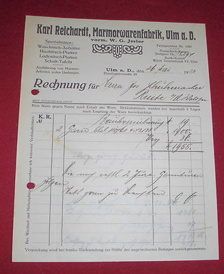 rechnung alt antik karl reichardt marmor waren fabrik ulm a.d. 1920 papier deko