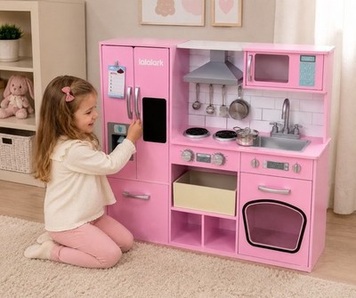 Große Kinderküche Holz Rosa XXL mit Kühlschrank Licht Sound Zubehör   Lalalark N