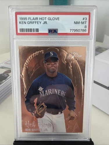 1995 Flair Hot Gloves # Ken Griffey Jr, (HOF) Mariners, Reds PSA 8