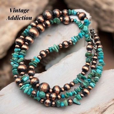 25'' Turquoise Copper Navajo Pearl Necklace Southwest Boho Native Squash