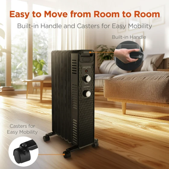 1500W Mainstays Mechanical Oil Filled Electric Radiator Space Heater Black White - Image 3 of 4