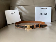 CELINE Triomphe Belt In Triomphe Canvas & Tan Brown Calfskin Size 80