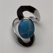 925 Sterling Silver Ring Size 8 5mm Band, Larimar Oval Blue Modern Design Signed