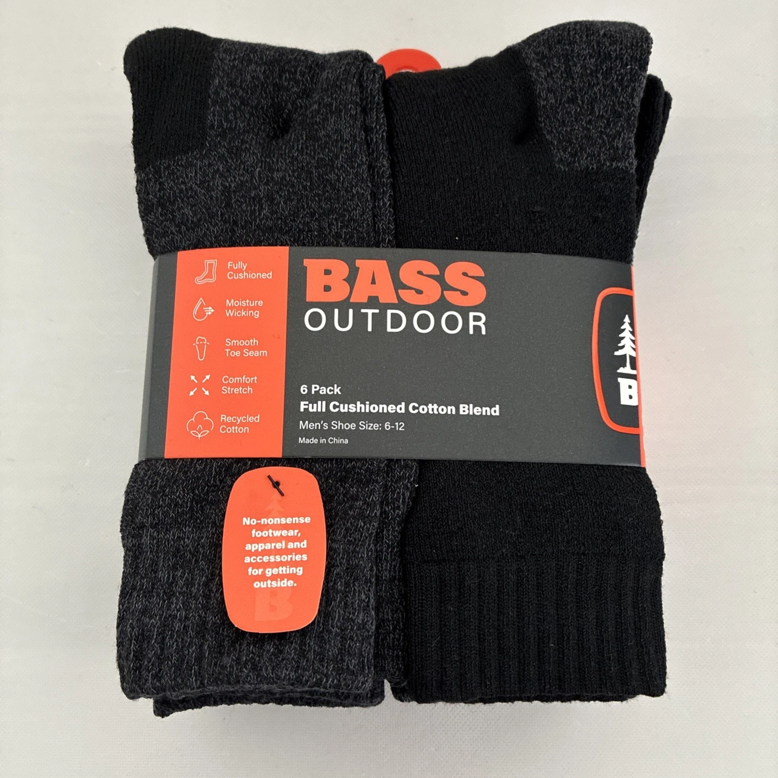 New Bass Outdoor 6 Black Gray Cushioned Cotton Blend Men's Work Socks US 6-12