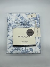 Laura Ashley Full Sheet Set Cotton Percale Blue Floral White Deep Pocket