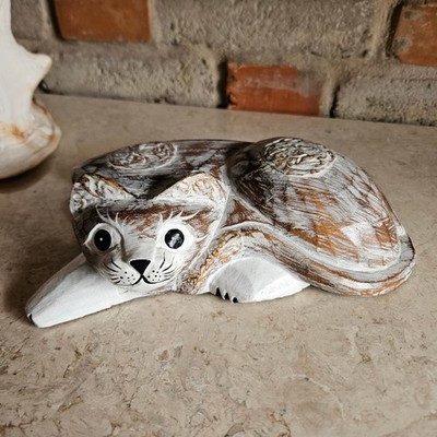 Katze Holz Skulptur Kunst geschnitzt Haus Dekor Statue Bali Indonesien Zootier