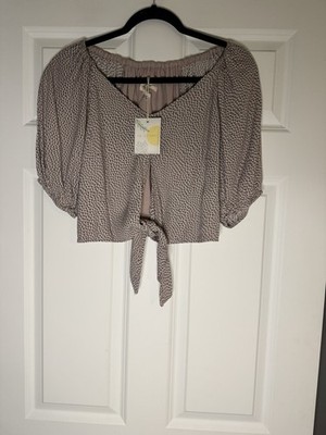 Thread And Supply Puff Sleeve Wrap Top Medium Mauve Taupe White Print Nwt