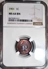 NGC MS-64 BN 1901 Indian Head Cent, Beautifully Toned specimen.