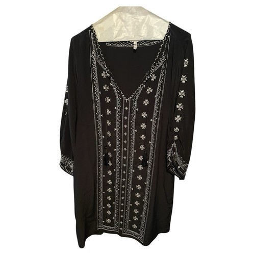 EUC Joie black boho Western embroidered shift tunic mini dress 100% silk L