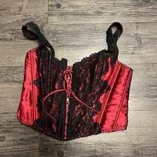 Frederick  s of Hollywood Silky Satin Red Black Lace Corset Bustier Cami Top 36