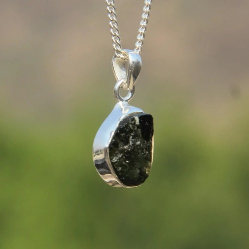 Natural Moldavite Silver Pendant, Green Moldavite 925 Sterling silver From Czech - Picture 2 of 3