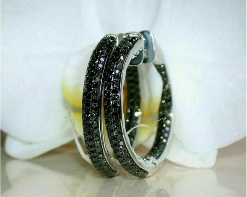 2.50Ct Round Cut Black Created Diamond Hoop Women Earrings 14K White Gold Finish - Picture 4 of 6