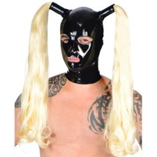US Latex Hood with Blond Wigs Golden Pigtails Rubber Mask Cosplay Club Wear BDSM
