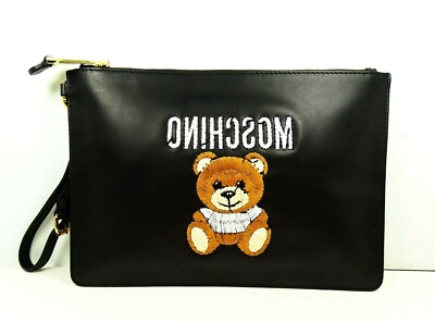 MOSCHINO $460 Mirrored Teddy Bear Embroidered Clutch Wristlet