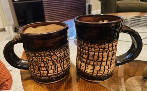 Signed Pair of Art Pottery Ceramic Mugs-Burned Crocodile Glaze—Stunning! Unused