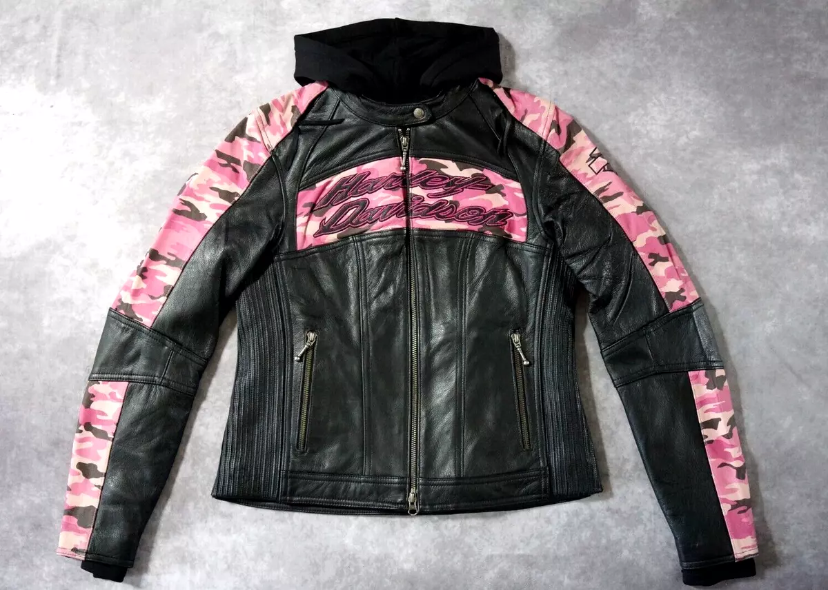 Harley Davidson Women s Pink Camo Black Leather 3in1 Jacket Hoodie S 97058 11VW