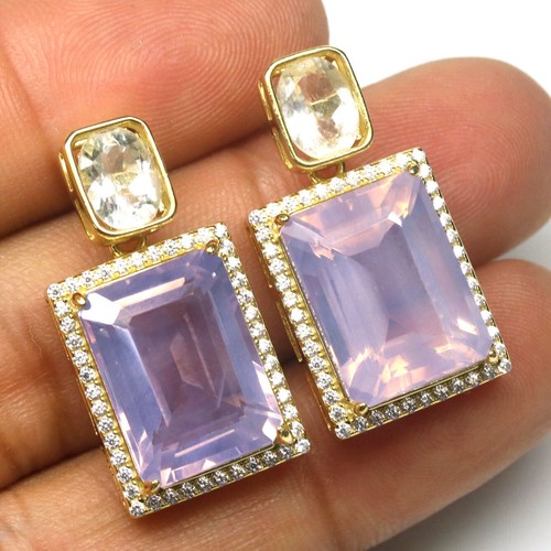 Piedra Preciosa Lavanda Cuarzo, Topacio & Circonita Pendientes 925 Plata 18K Oro - Imagen 2 de 4