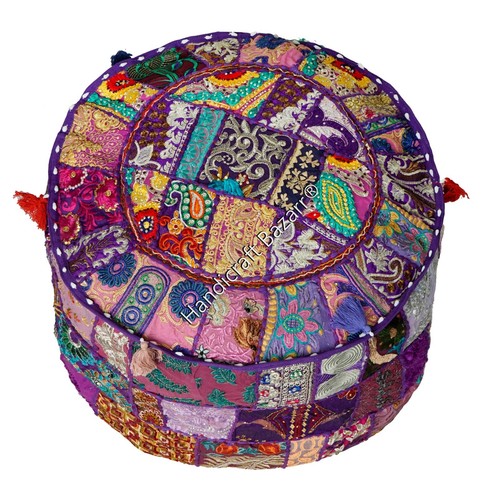 Bohemian Embroidered Handmade Pouf Ottoman Cotton Floor Pillow Mudda Decorative - Picture 4 of 4