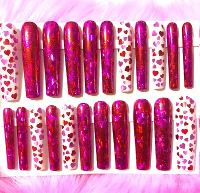 Custom Handmade Press On Nails 2X Long Square Hearts Love Pink & Red Metallic