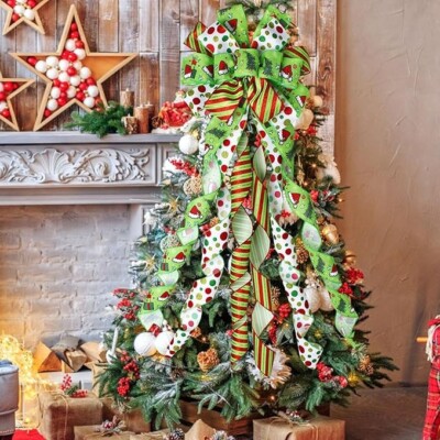 Festive Multi-Pattern Christmas Tree Bow - Large 13'' x 44'' Holiday Topper