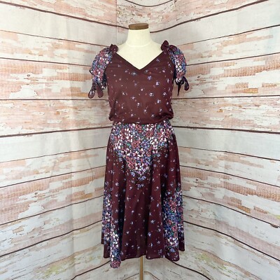 Vintage Burgundy Floral Fit And Flare Dress Colorful Midi Elastic Waist V Neck | eBay Vintage Burgundy Floral Fit And Flare Dress Colorful Midi Elastic Waist V Neck | eBay