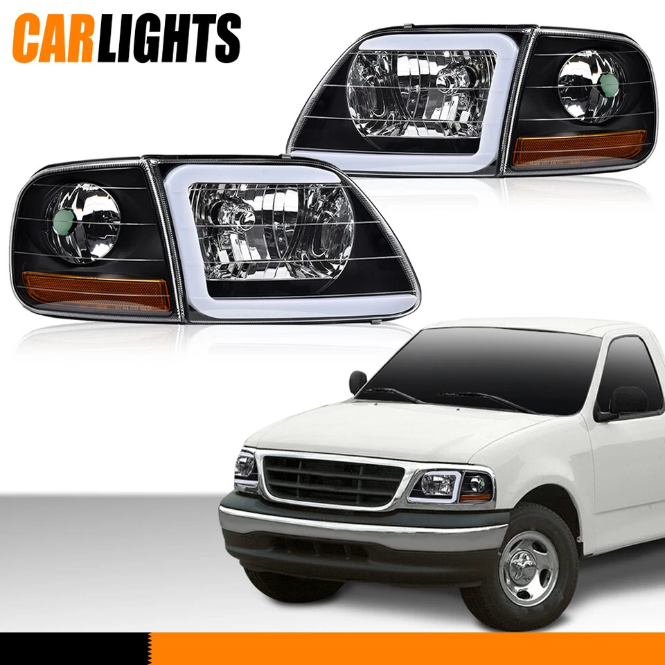 Fits 1997-2004 F150 Expedition Black LED Tube Headlights & Corner Parking Lights Foto 3 de 4