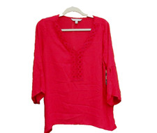 PIONEER WOMAN CROCHET NECK SHARKBITE HEM TUNIC BLOUSE  Pink Rasp Small NWT