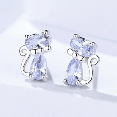 Ohrstecker Katze Sterling Silber 925 Zirkonia Damen Mädchen Ohrringe - Bild 1 von 4