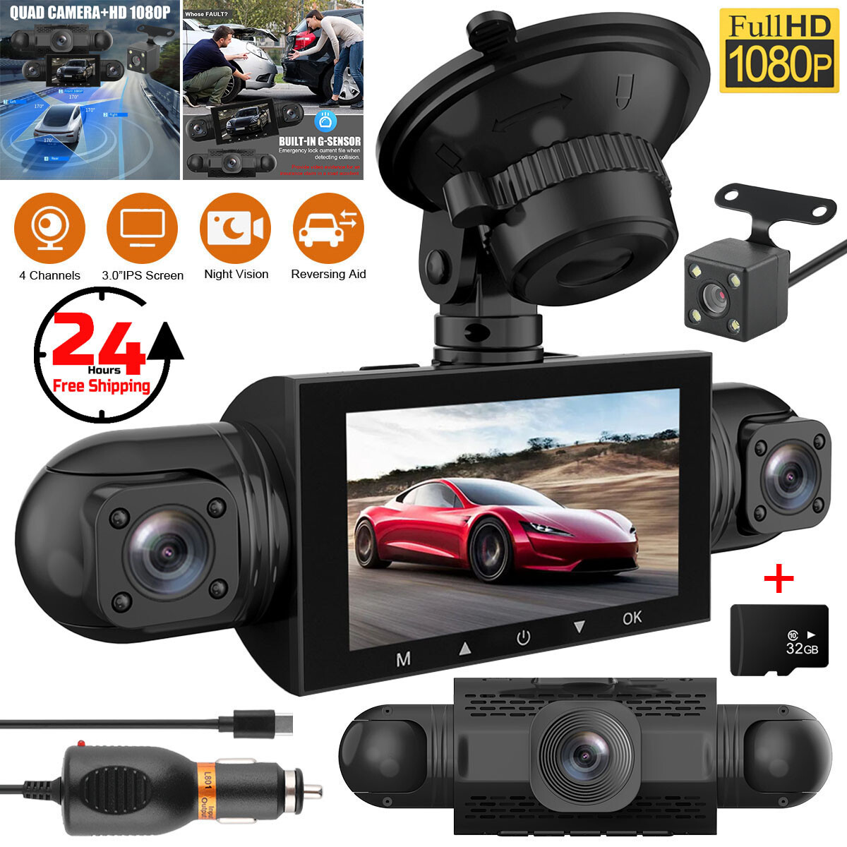 4 Channel 360° HD 1080P Dash Cam with 32GB for Front Rear Inside View-image